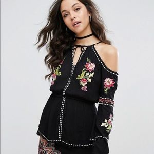 Asos Cold Shoulder Embroidered Top